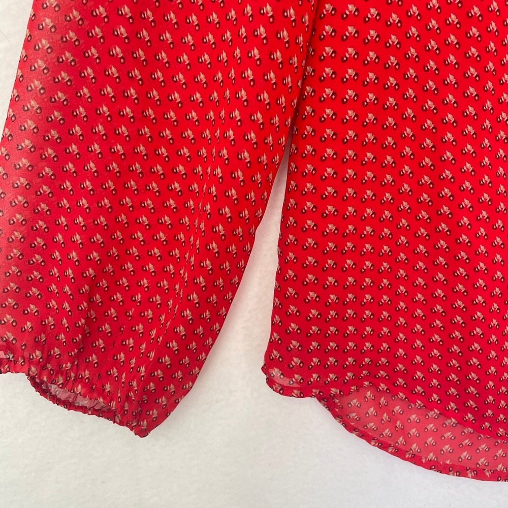 DR2 Top Size M Women Blouse Tie Neck Long Sleeve Sheer Red Print Career V Neck - Picture 8 of 12